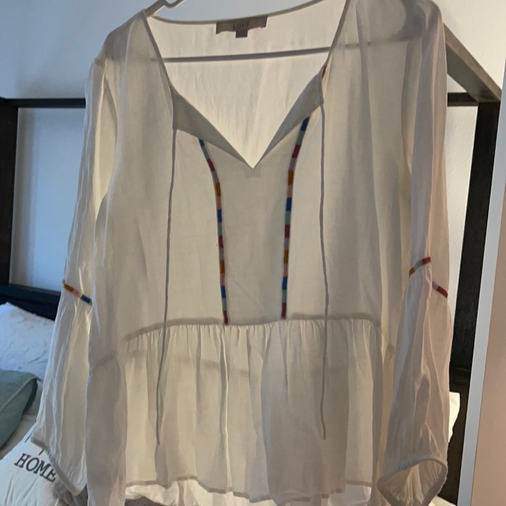 White gauze blouse with multicolored piping